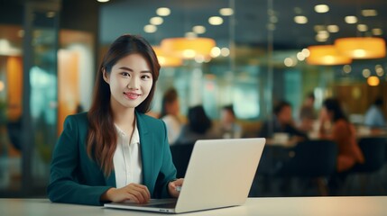 Fototapeta premium Young asian business woman using digita tablet and working on laptop computer at modern office. 