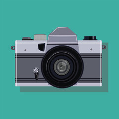 Vector illustration of simple retro camera in flat style on green background. Old analog camera with a round lens. Flat design vector illustration. Vintage Camera image. Icon, logo, t-shirt