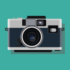 Vector illustration of simple retro camera in flat style on green background. Old analog camera with a round lens. Flat design vector illustration. Vintage Camera image. Icon, logo, t-shirt