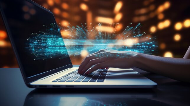 Data Search Technology SEO Search Engine Optimization concept. Woman's hands typing on laptop computer keyboard surfing the internet to search for information on web browser 