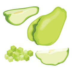 Vector illustration of exotic green chayote in flat style design. Whole and sliced fresh vegetable organic agriculture product. Healthy ingredient for vegetarian. Good use for icon, label, menu