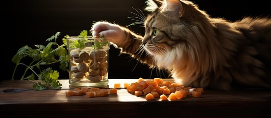view of a hand feeding a cat by pouring cat food snacks - obrazy, fototapety, plakaty