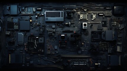 a knolling image of computer parts and servers strewn on a grungy concrete floor with hard contrast lighting from above casting deep black shadows against the floor