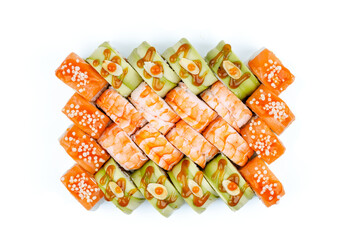 large appetizing set of rolls: eel and pear, phyllo roll with shrimp, mango phyllo roll for food delivery site 7