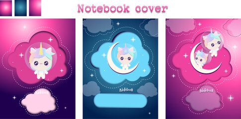 set notebook cover with unicorn kid's cartoon animal's character on space blue pink background tee rainbow color