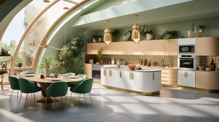 Fototapeta na wymiar oval luxurious architectonic mid century kitchen with full amenities and dining lounge area, geometric shapes, rich materials, detailing, bright, green white gold, natural light