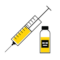 Medical syringe with needle and vaccine vial vector icon. Injection, Isolated, Recolorable. 