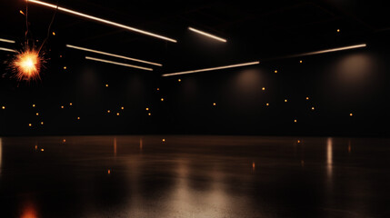 cinematic,Simple black background, flying sparks, concrete floor