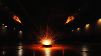 cinematic,Simple black background, flying sparks, concrete floor