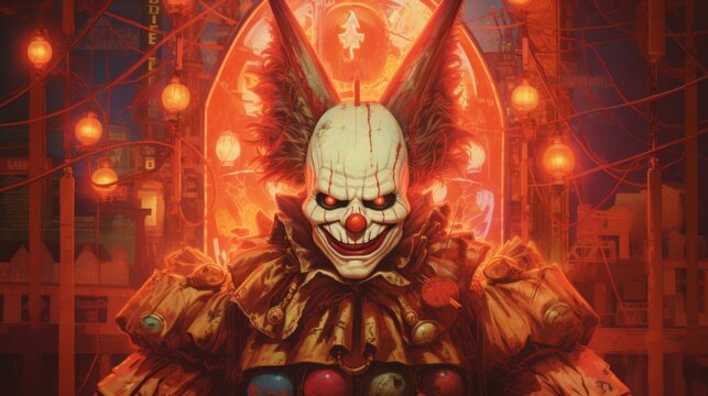 award winning Japanese vintage poster for halloween, detail from the world of final fantasy VII, somewhere hidden in this image is a Clown, neon lights, imagined as a fromsoftware final bo