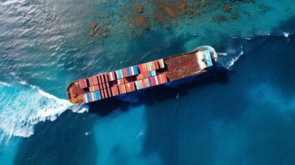 a container ship is floating on the water next to the shore, in the style drone photography