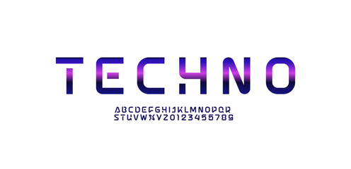 Tech font, digital alphabet, trendy Latin letters from A to Z and Arab numbers from 0 to 9, vector illustration 10EPS