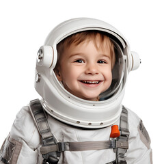 A child in an astronaut suit is smiling happily on a transparent background PNG. Future career career concept.