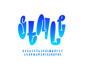 Graffiti long colored font, comic alphabet in the street style, narrow lowercase letters and numbers, vector illustration 10EPS