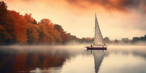a picture of a sailboat on a misty dawn lake, beatiful autumn scenario
