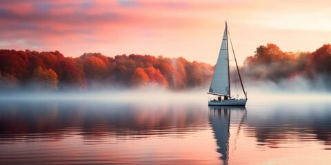 a picture of a sailboat on a misty dawn lake, beatiful autumn scenario - obrazy, fototapety, plakaty