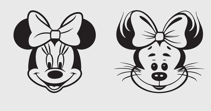 Tom cat and Jerry mouse funny face vector illustration with outline drawing  black and white graphics design