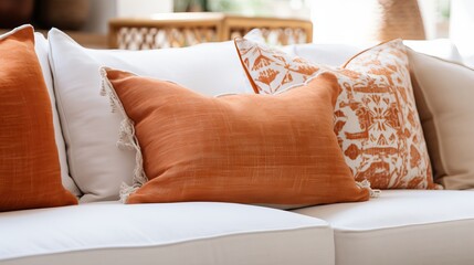 Close up of fabric sofa with white and terra cotta pillows