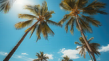 Palm trees view from below, tropical beach, and summer background, travel concept. Blue sky