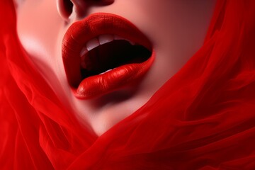 Close-up of a woman's rosy red lips resembling blood generative ai