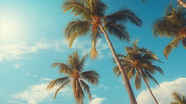 Palm trees view from below, tropical beach, and summer background, travel concept. Blue sky