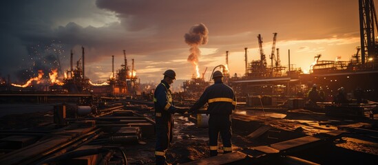 view of oil drilling, with silhouettes of oil workers at work