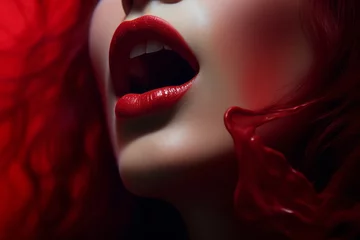 Fotobehang Close-up of a woman's rosy red lips resembling blood generative ai © Gilang