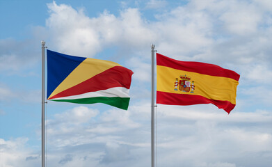 Spain and Seychelles flags, country relationship concept