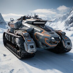 concept model of a red and black military war vehicle in the snowy mountains, AI generative