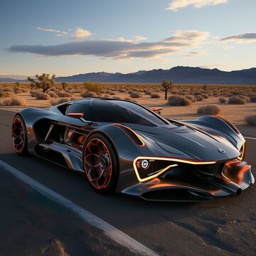 Concept of a red and black superspeed sports car in the empty road through the desert, ai generative