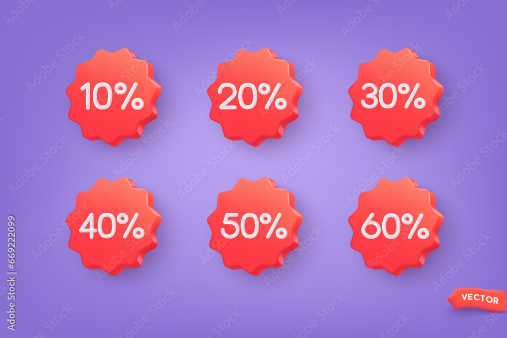 Poster label set with percent, check mark and discount. app icon. 3d web vector illustrations.