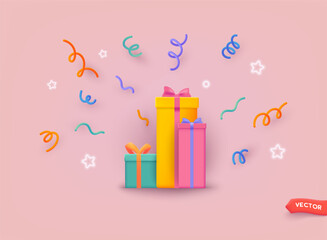 Gift boxes with bow. Realistic vector icon for present, birthday or wedding banners. 3d vector illustration.
