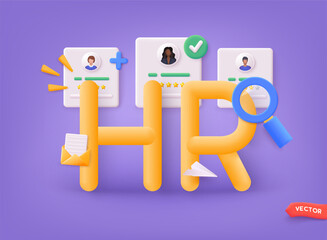 HR department. Human Resources management. Employer hiring candidates. 3D Web Vector Illustrations.