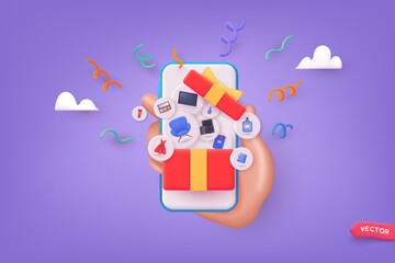 Smartphone with open gift box, confetti, shopping items, gift box concept. 3d vector web illustration.