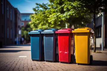Colored garbage cans for sorting garbage. Trash cans in city street. Ecology and recycle concept. Trash cans