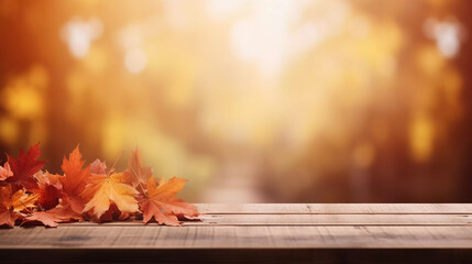 Naklejka na ściany i meble empty wooden table with blurry autumn background