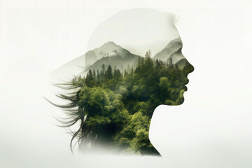 People and nature concept. Double exposure portrait of woman with green forest, creative artwork - obrazy, fototapety, plakaty