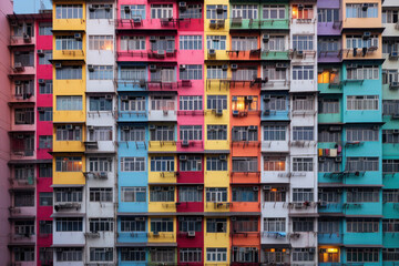 Colored residential building facade with balconies. Bright front view apartments with windows. Real estate in city - obrazy, fototapety, plakaty
