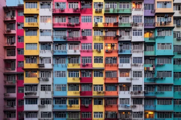 Deurstickers Colored residential building facade with balconies. Bright front view apartments with windows. Real estate in city © Lazy_Bear