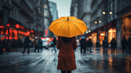 A Woman is holding a yellow umbrella and walking on a city street. Rainy weather. Bokeh background with pedestrians and city lights.