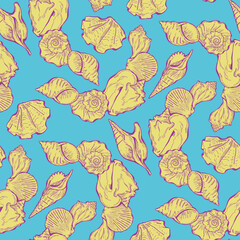 Sea shell decorative seamless abstract vector pattern. Summer beach holiday, ocean scuba diving, snorkeling theme for textile print, fabric design, wallpaper background, wrapping paper, trendy fashion