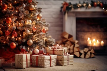 Weihnachtsgeschenke liegen in einem gemütlichen Wohnzimmer unter dem Baum - obrazy, fototapety, plakaty