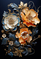Elegance in Bloom: Golden Florals against a Navy Blue Canvas,background with flowers,flowers on a blue background