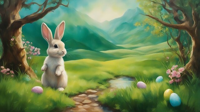easter bunny in the grass _A painting-style photo with a baby easter bunny and a landscape.  