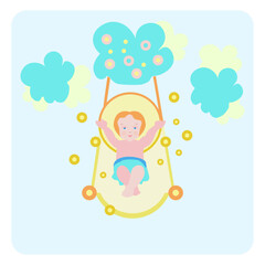 On the Christmas greeting card, there is a depiction of a little Jesus sitting in a cradle that is floating on a little cloud. The scene is filled with tenderness and kindness, and the background is a