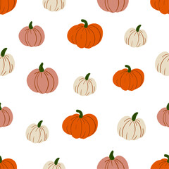 Autumn cozy seamless pattern with pumpkins. Hand drawing brown, white and orange pumpkin. Thanksgiving design. Vector illustration