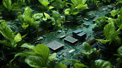 Green plants grow among circuit boards. Nature meets technology. Chips, wires, leaves intertwine, showing harmony between organic and digital
