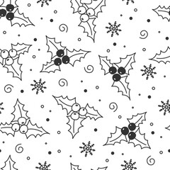Seamless pattern with berries and holly leaves. Christmas ornament for design of fabrics, paper, textiles, wrappers, wallpaper. Winter design. Vector illustration
