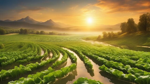 plantation in the morning farmers grow their crops long thin vegetable gardens which float river