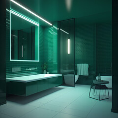 Interior of bathroom in green colors in modern house.